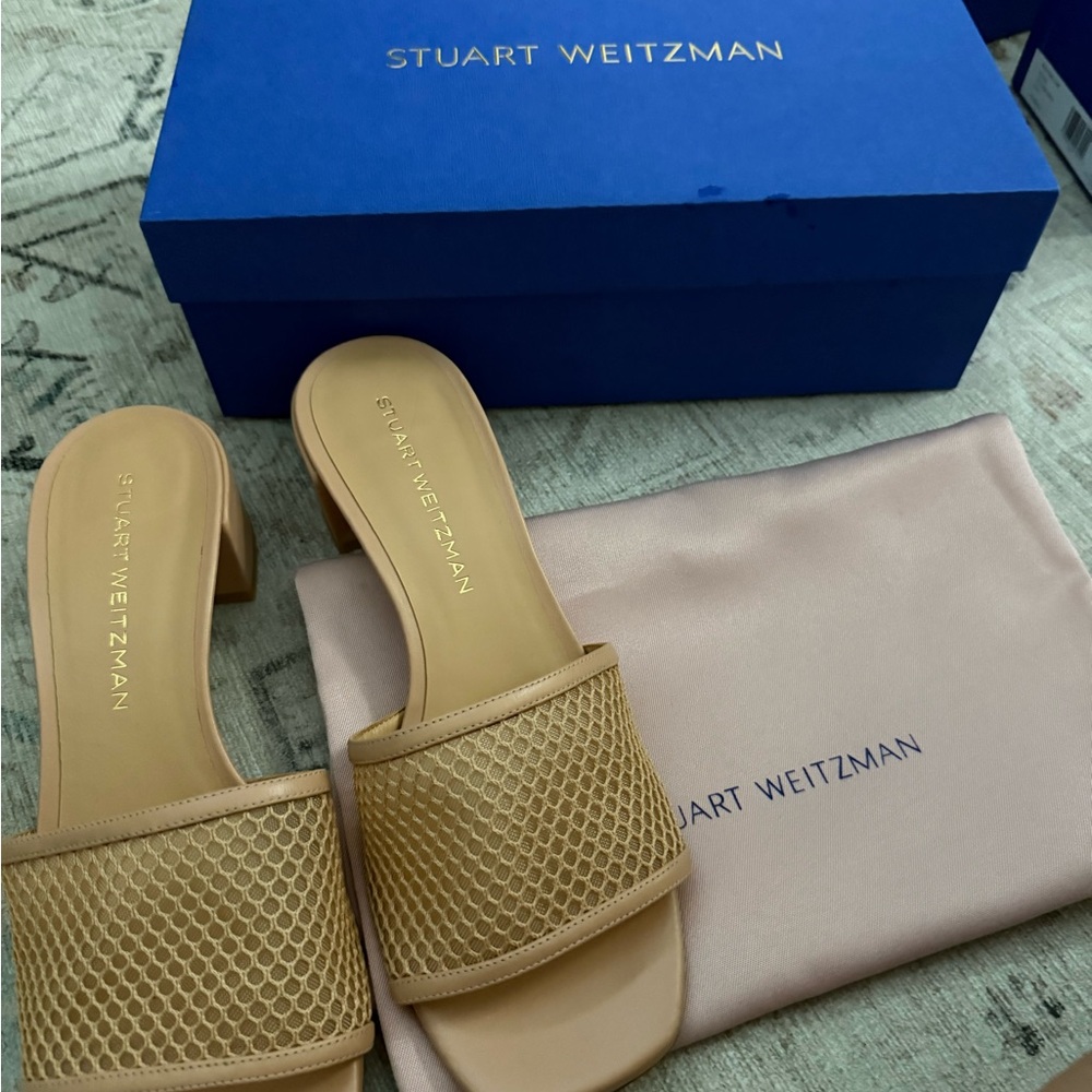 Stuart Weitzman Beige Mesh Slide Sandals - Cayman 35 Block NEW